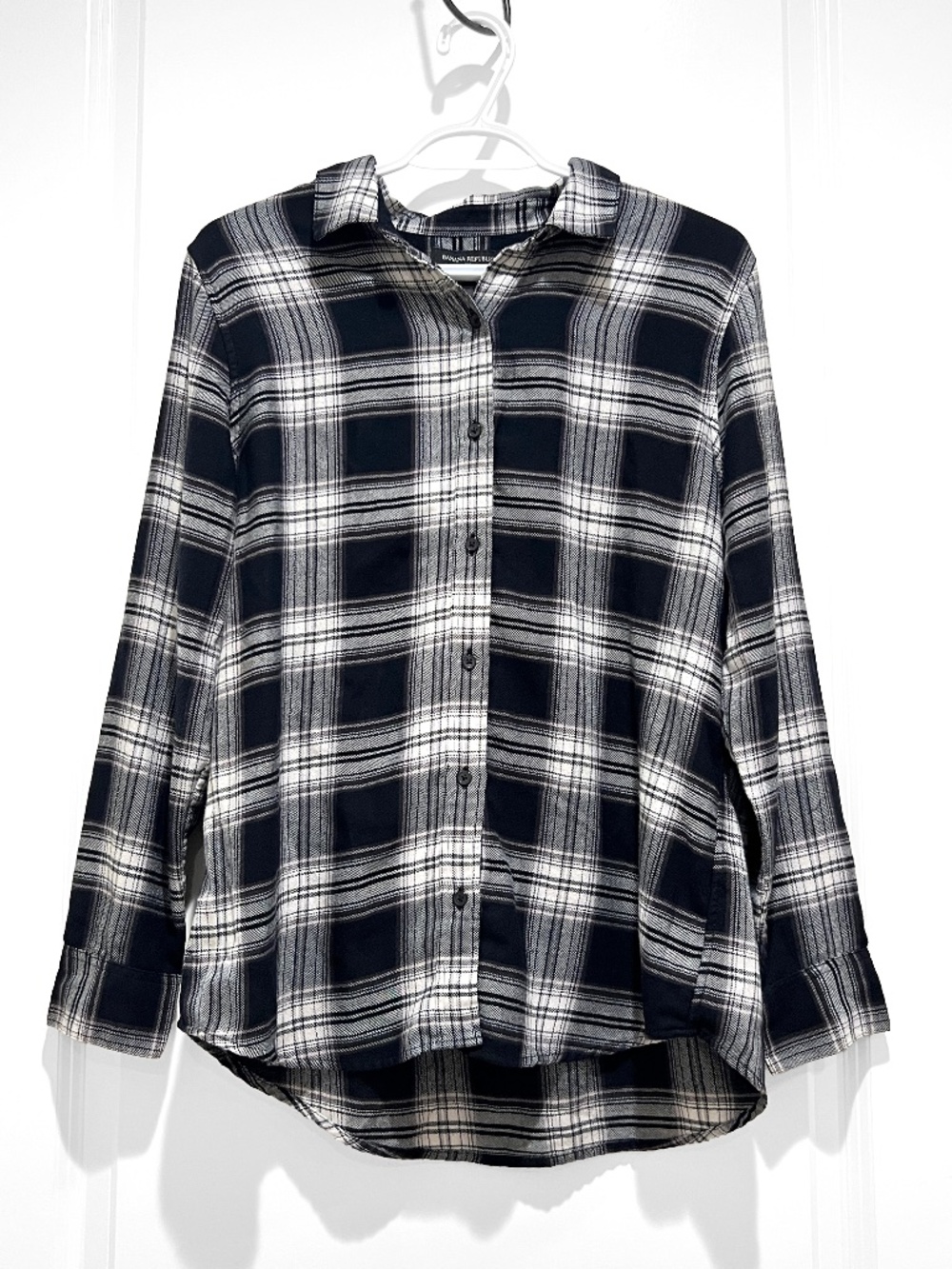 Banana Republic Flannel Shirt Button Up Jacket Womens Medium Black White Plaid